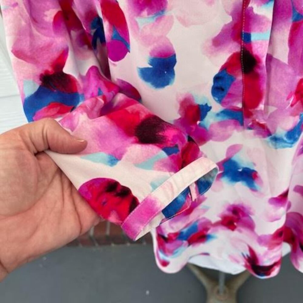 NYDJ White Blouse with Pink and Blue Watercolor Floral Print - Picture 2 of 8